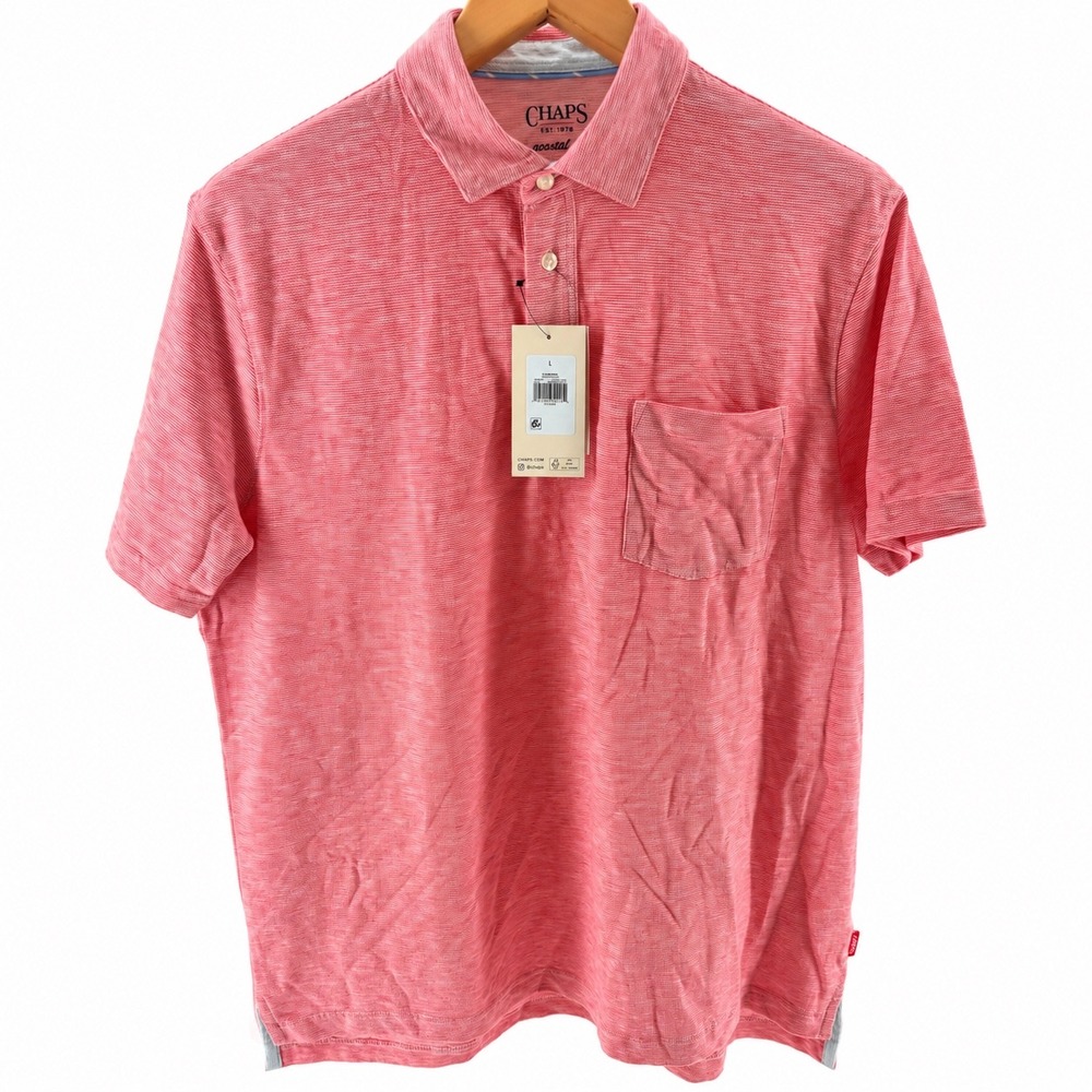 Chaps Mens Seacoast Wash Slub Knit Polo Shirt Red White Stripe Pocket NWT-Large